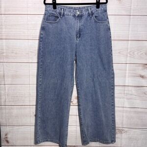 Romwe Womens XL Wide Leg Jeans Medium Wash Red Gothic Back Embroidery Y2K Style